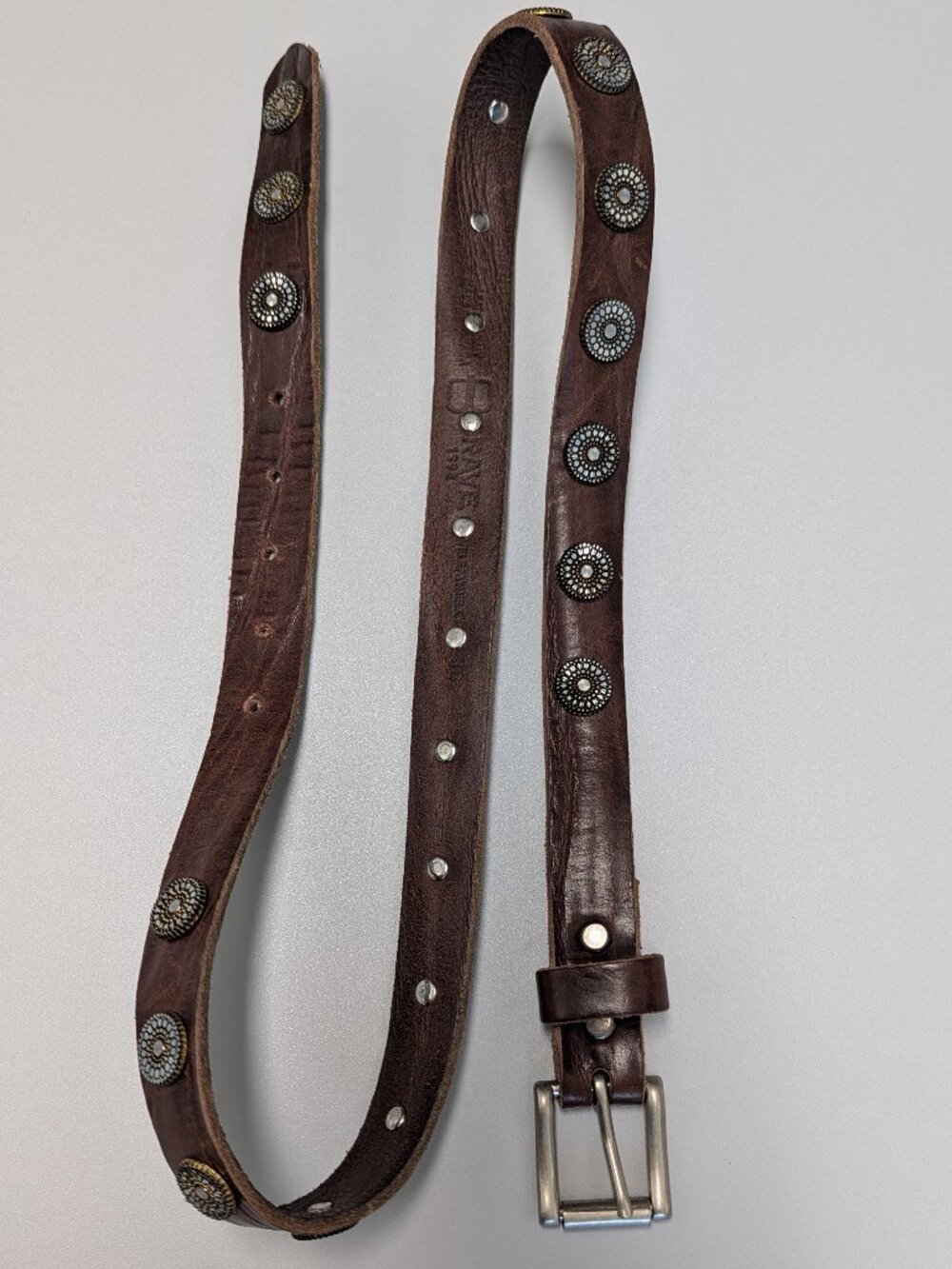 BRAVE Leather Studded Belt Brown Leather Vintage Boho Medallion Size 36in Y2K